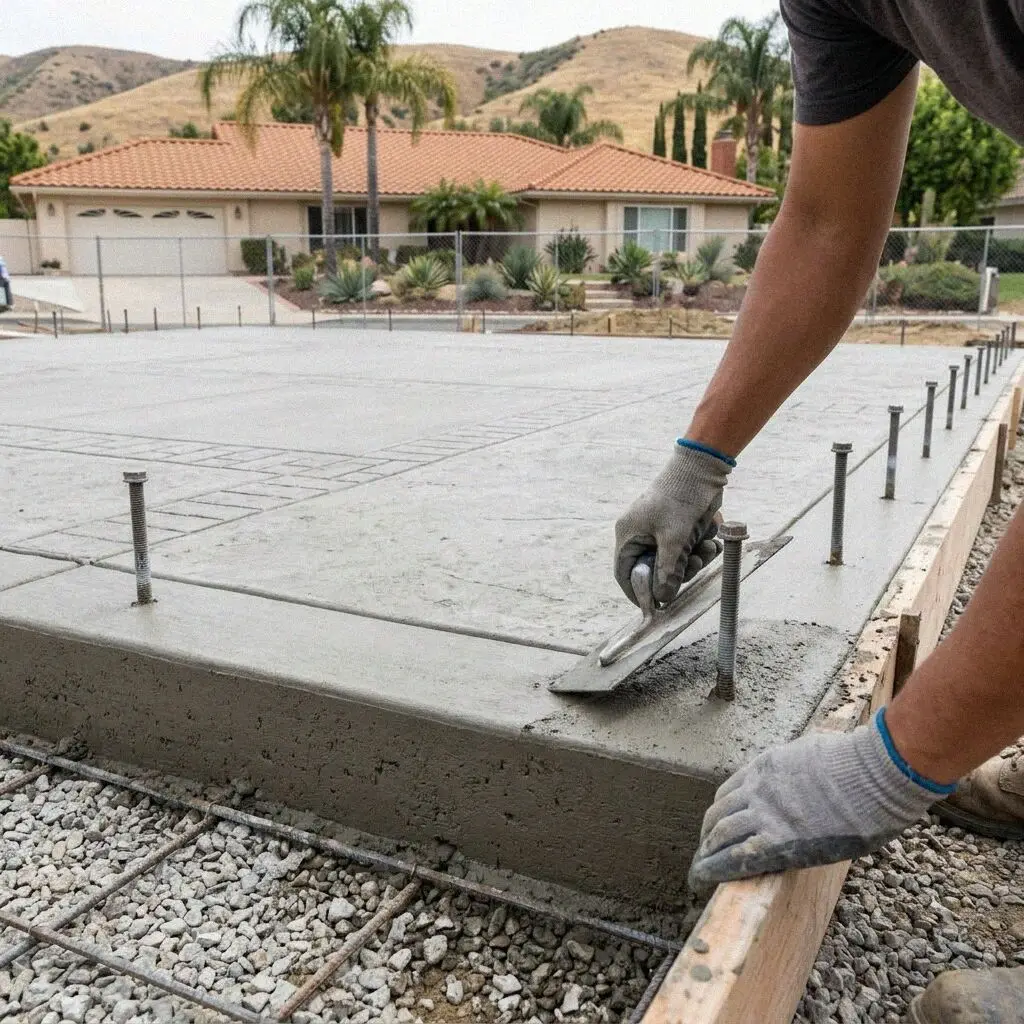 Hands tying rebar in the thickened edge of a Fullerton slab foundation