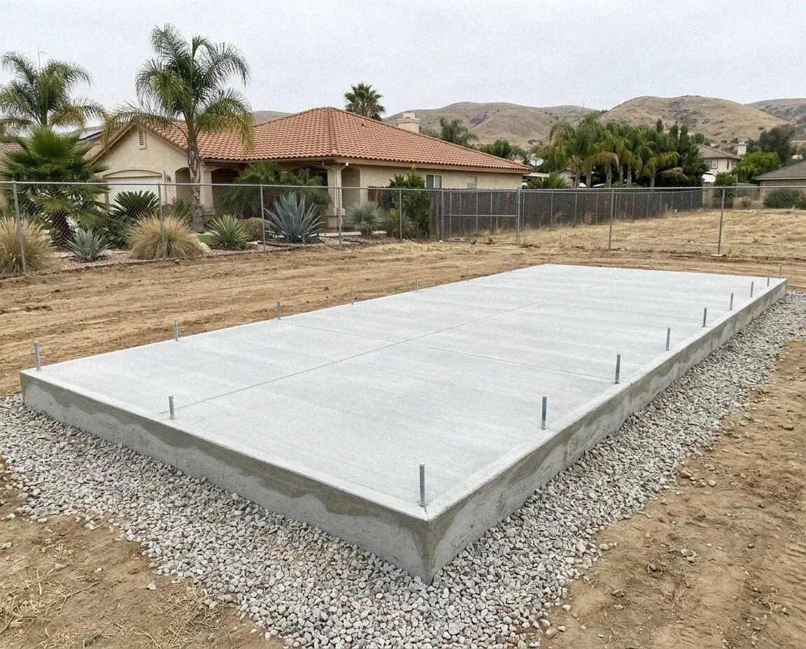 Finished slab foundation with anchor bolts on a cleared Fullerton lot