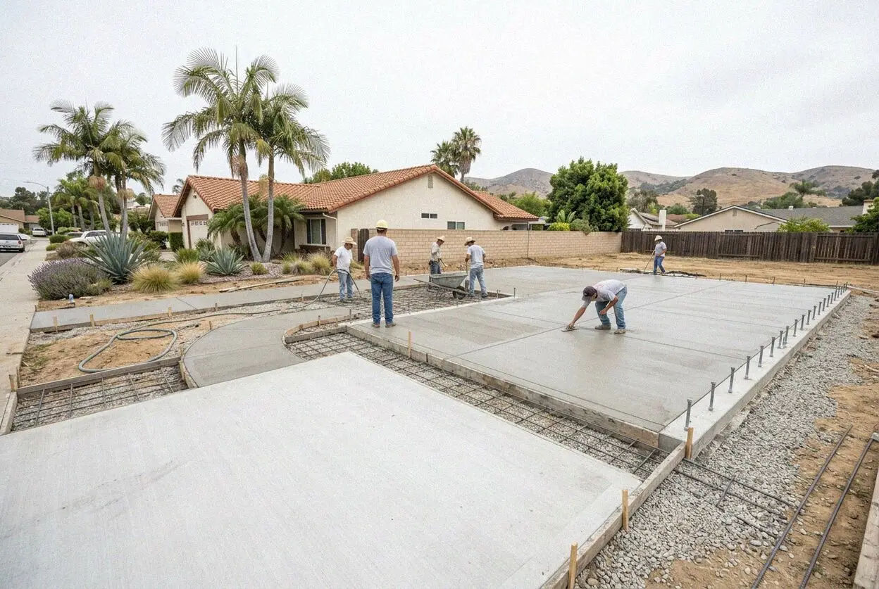 Crew placing concrete for an ADU slab foundation behind a Fullerton, CA home