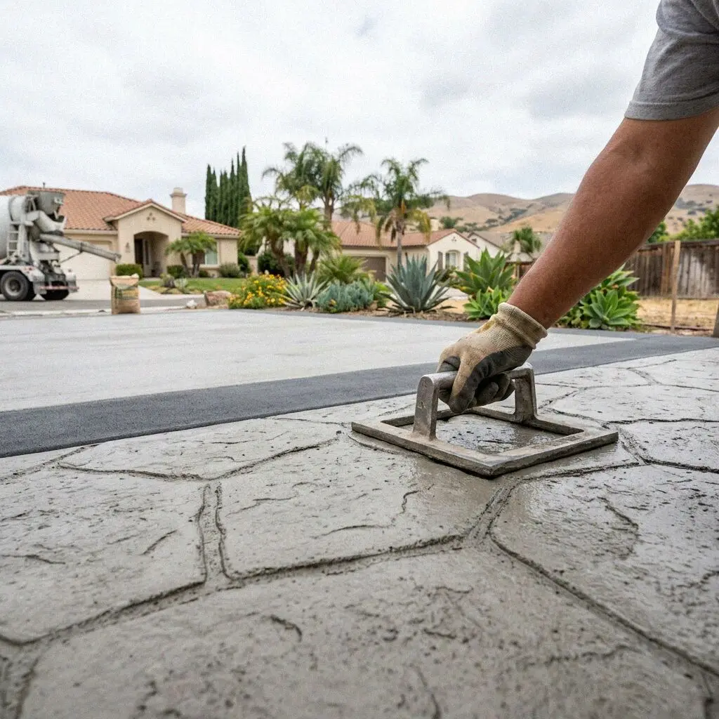 Stamp mats laid out dry over the forms of a Fullerton slab