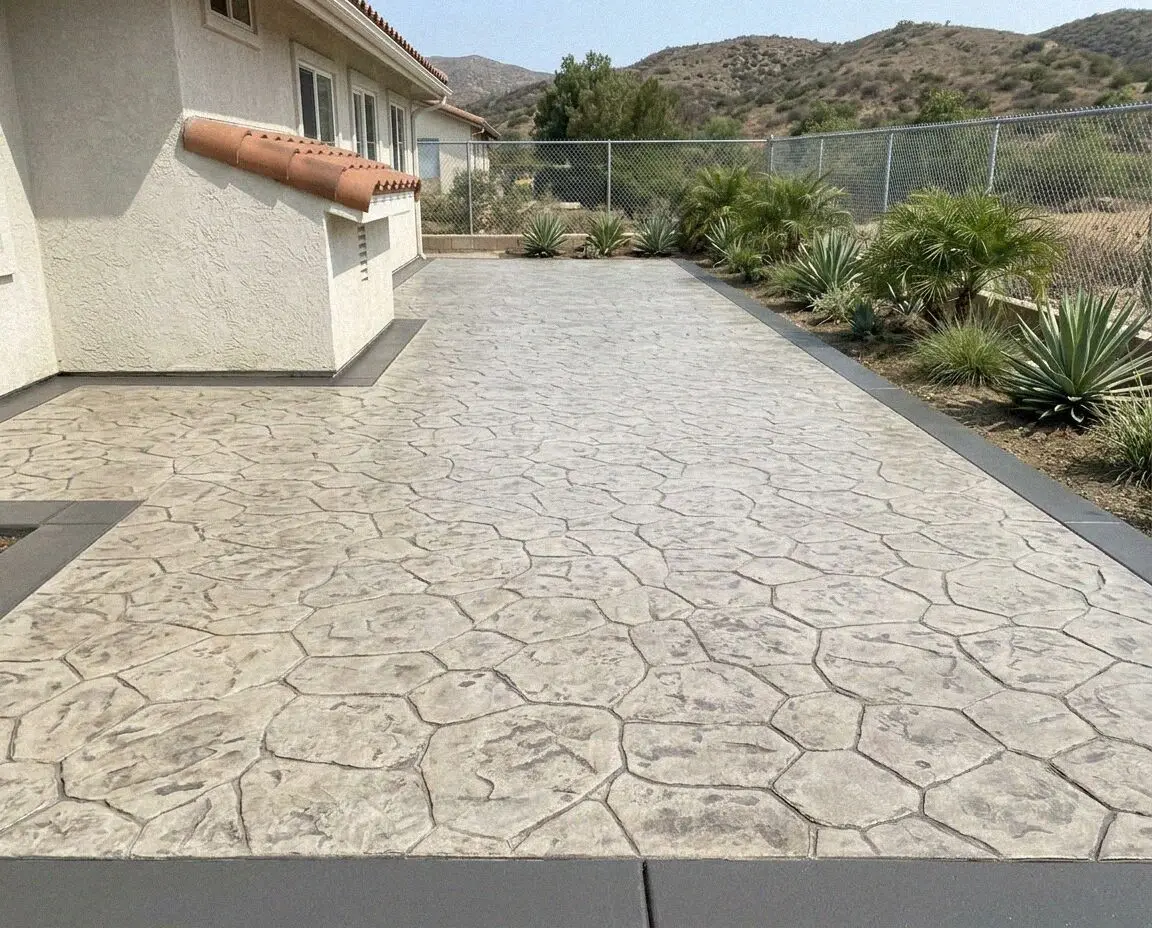 Ashlar stamped concrete patio behind a postwar Fullerton home