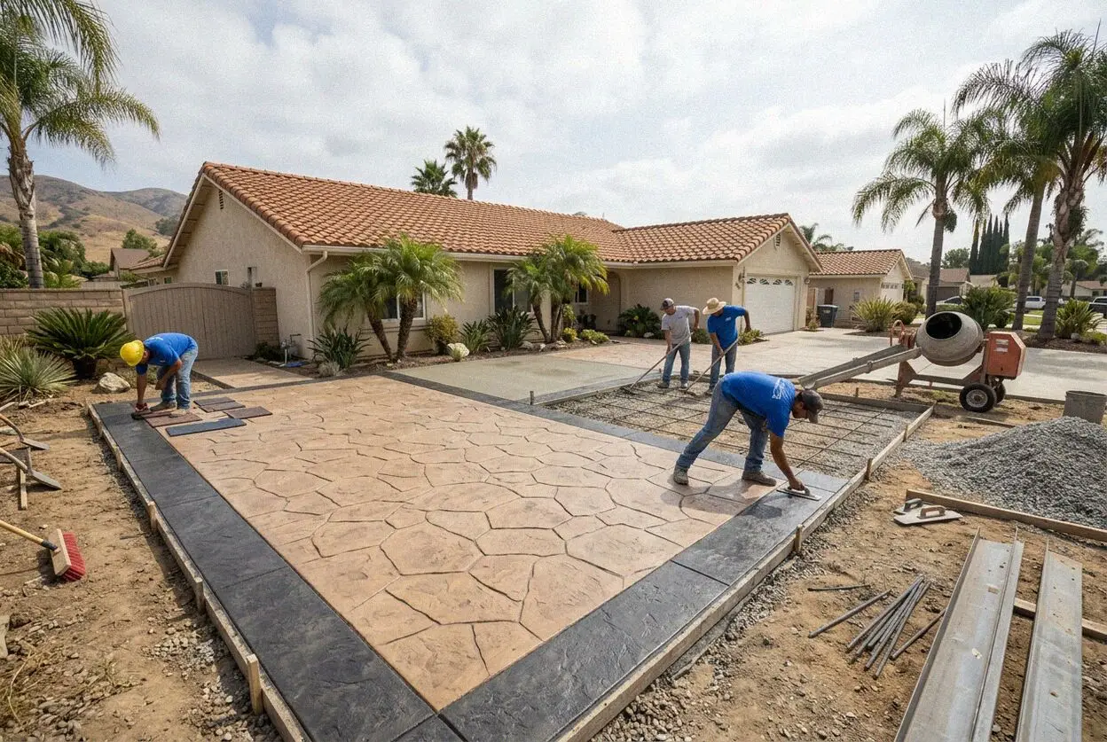 Crew pressing a stamp mat into a fresh slab at a Fullerton home